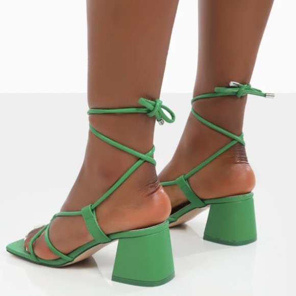 Green Lace Up Block Mid Heel Square Front Sandals 8 Wide Fit - Picture 2 of 10